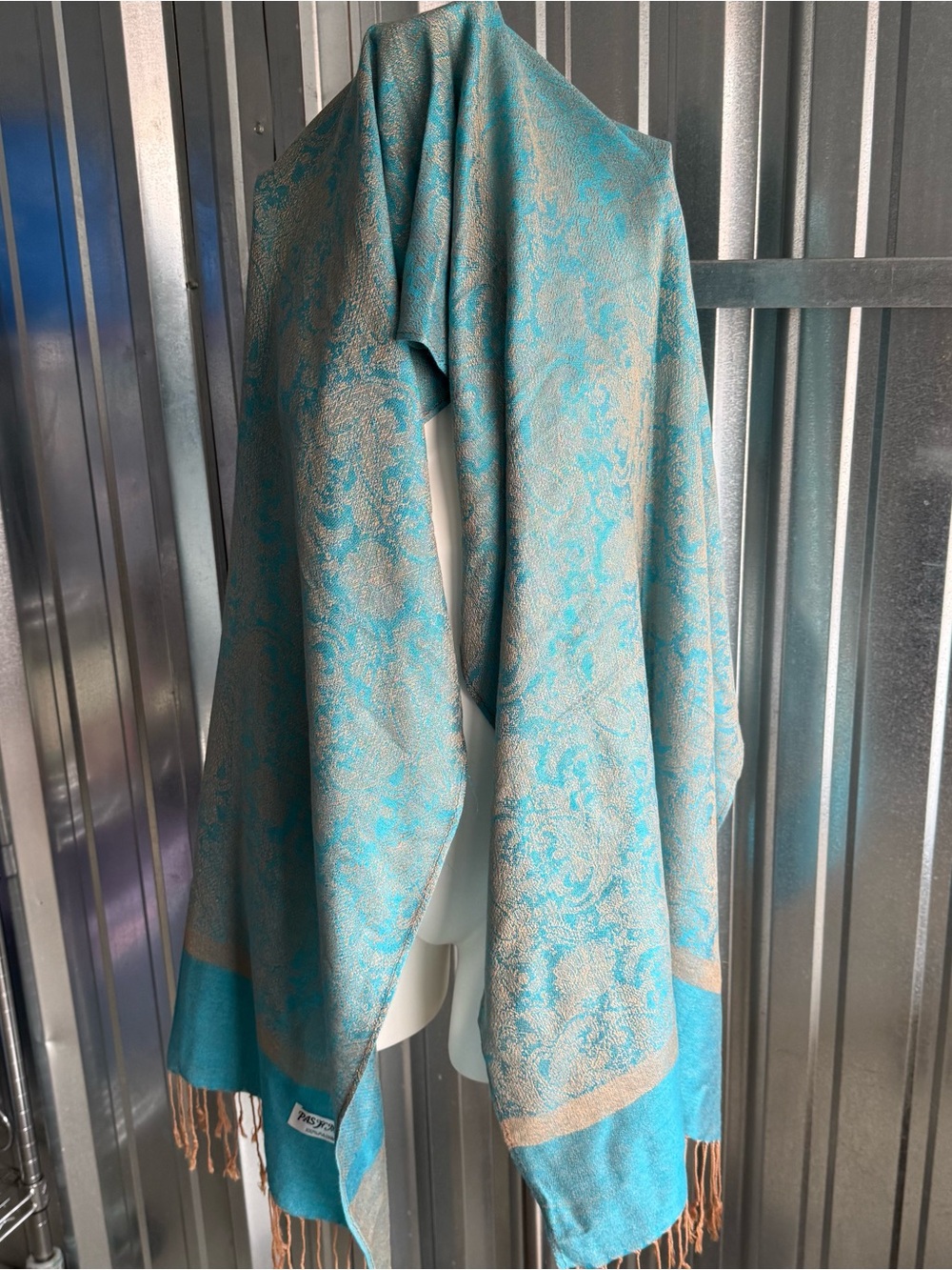 100% Pashmina Turquoise Paisley Fringe Shawl Wrap Scarf - Picture 7 of 8